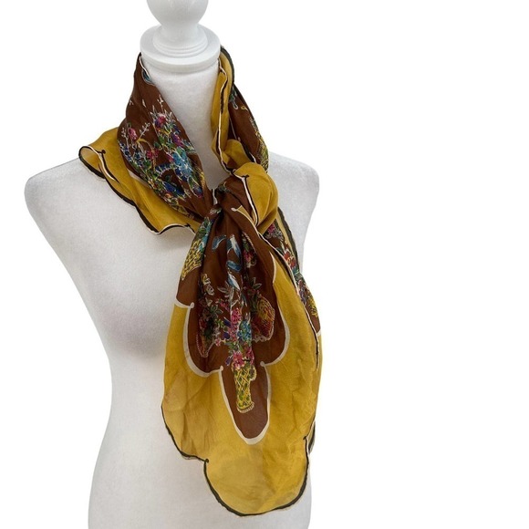 vintage scalloped Carol Stanley Floral Designer Scarf Silk Yellow Brown One Size - Picture 5 of 12